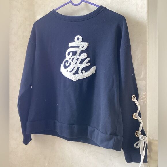 TH XS navy top sweatshirt, sequins, Nautical, laced sleeves - Picture 1 of 6